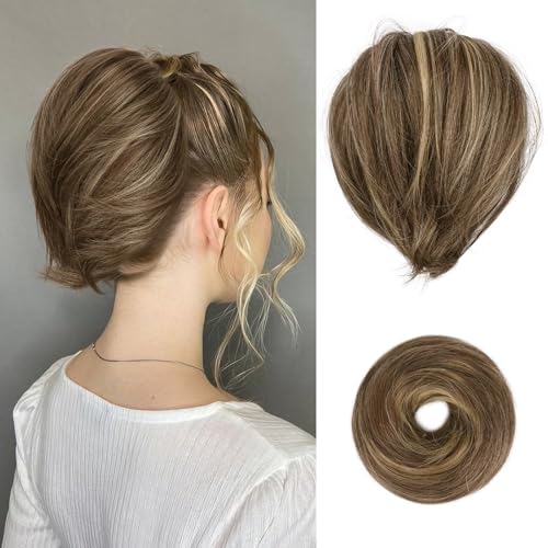 BARSDAR Highlight Hair Bun Extensions - Short Straight Ponytail Hair Bun Extensions for Women - Synthetic Elastic Hair Bun Scrunchies Hairpieces Daily - Brown & Ash Blonde Highlights - color: Brown & Ash Blonde Highlights, size: 1 Count - Elastic