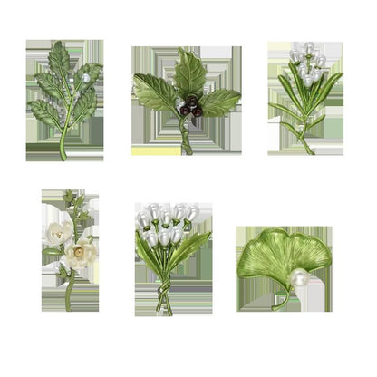 8 Pcs Green Botanical Flower Lapel Pins, Men's and Women's Simple Botanical Leaf Faux Pearl Alloy Brooch, Suit Dress Cheongsam Backpack Hat Accessories