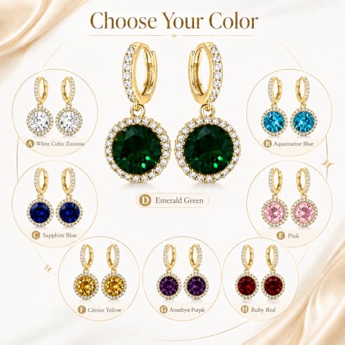 14K Gold Plated Hoop Dangle Earrings for Women, Hypoallergenic Colorful Cubic Zirconia Drop Earrings, Lightweight Huggie Earrings for Women - color: Gold/Emerald Green