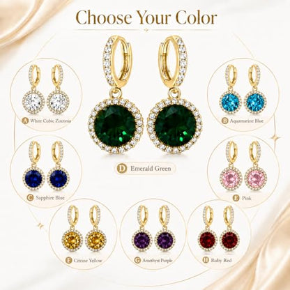 14K Gold Plated Hoop Dangle Earrings for Women, Hypoallergenic Colorful Cubic Zirconia Drop Earrings, Lightweight Huggie Earrings for Women - color: Gold/Emerald Green