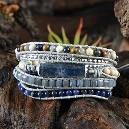 YGLINE Boho Handmade Wrap Leather Tube Crystal Stone Bracelet for Women - color: Topaz