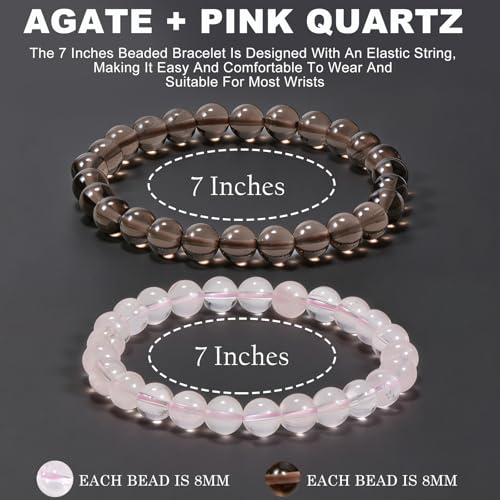 2PCS Agate Bracelet for Women Men Natural Round Beaded Agates Stone Healing Stretch Bracelets Elastic Handmade Polished Gemstone Beads Bracelet - color: Grey+Pink Quartz, size: 8mm Beads