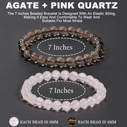 2PCS Agate Bracelet for Women Men Natural Round Beaded Agates Stone Healing Stretch Bracelets Elastic Handmade Polished Gemstone Beads Bracelet - color: Grey+Pink Quartz, size: 8mm Beads