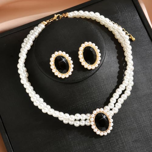 CSIYANJRY99 Pearl Necklace and Earring Set Faux Pearl Jewelry Sets for Women Imitation Beaded Pearl Necklace Bracelet Stud Earrings for Women - color: Blac Zircon Pearl Set