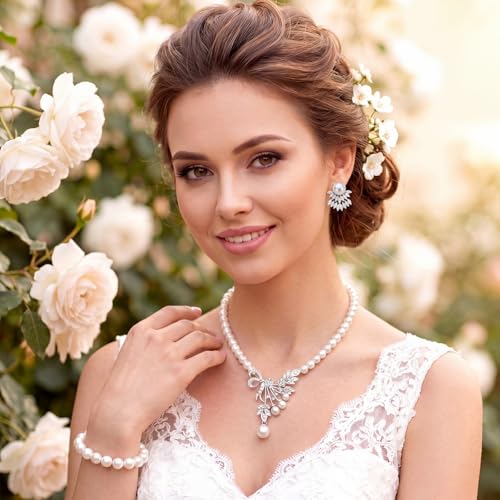 Glenmal Pearl Rhinestone Jewelry Set for Women Pearl Necklace Bracelet Earrings for Wedding Halloween Bridal Shower Tea Party - style: Glitter Style