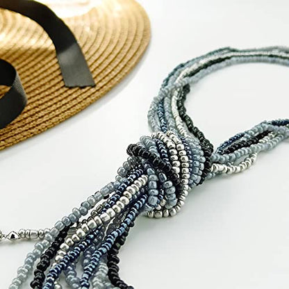 Coiris Long Seed Beaded Multi Strand Necklace,10 Multiple Statement Long Bib Necklace with Tie Knot for Women and Girls Jewelry - color: Black Grey