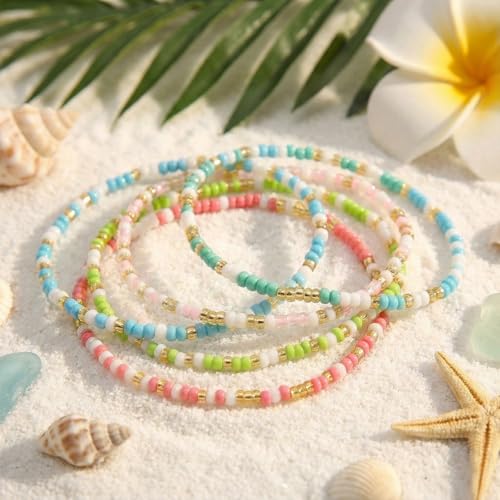 14K Gold Plated Beaded Bracelets Stack Set for Women,Stretch Boho Ball Jewelry Friendship Trendy - color: Blue