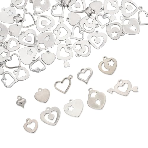 8-64Pcs Silver Goldern Color Heart Pendants Charms 10 Styles Heart Stainless Steel Metal Charms for Jewelry Making Crafting Necklaces Bracelets Earrings Keychains Birthday Gift - color: Silver-60 pcs