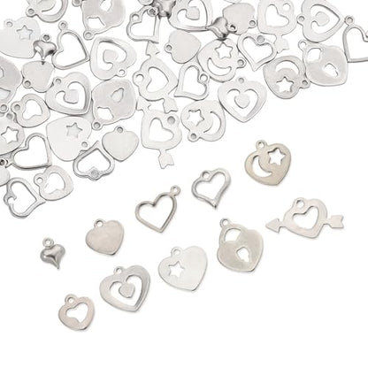 8-64Pcs Silver Goldern Color Heart Pendants Charms 10 Styles Heart Stainless Steel Metal Charms for Jewelry Making Crafting Necklaces Bracelets Earrings Keychains Birthday Gift - color: Silver-60 pcs