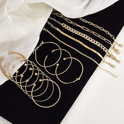 MEDOJO 93 Pcs Golden Jewelry Set for Women Costume Jewelry Pack Golden Plated Necklace Bracelet Stackable Ring Earrings Jewelry for Christmas New Year