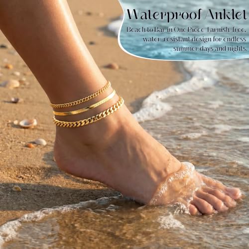 DEARMAY Gold Anklets for Women Waterproof | Non Tarnish14K Gold Plated Ankle Bracelets Set Stack, Summer Beach Jewelry Gifts for Vacation - color: Gold Anklet-B