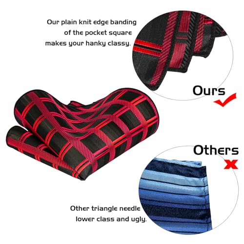 5PCS Mens Silk Tie, Pocket Square, Cufflinks, Drilled Tie Ring and Lapel Pin Set for Wedding Groom Party - color: Red Plaid Tie Set -131+3