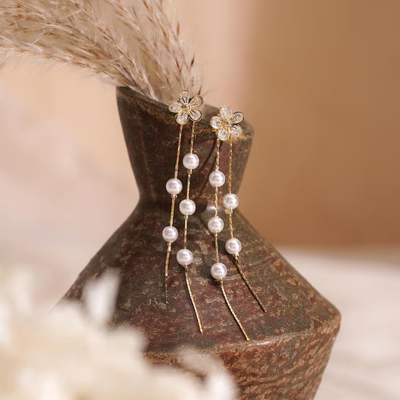 14K Gold Plated CZ Flower Dangle Earrings for Women, Sparkly Cubic Zirconia Long Tassel Drop Earrings, Bridal Wedding Jewelry - color: D:Flower earrings