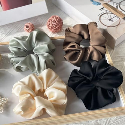 Big Satin Scrunchies for Women, 5.2 Inches Large Scrunchie, Silk Elastic Ponytail Holders for Girls, Jumbo Hair Ties for Thick/Curly Hair, Soft Scrunchy No Crease No Pilling, 4 Pack - color: Black+Brown