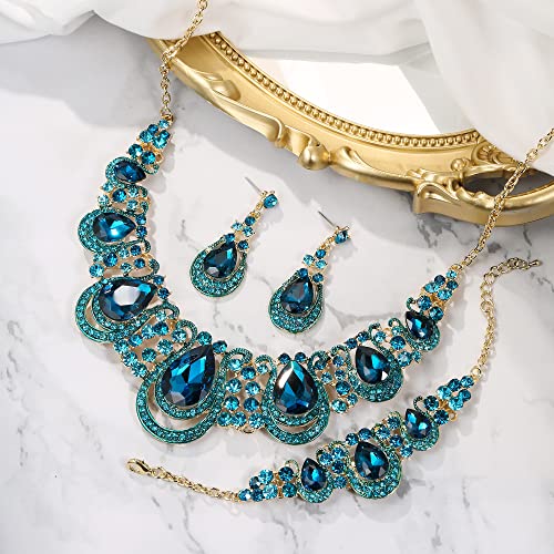 BriLove Women's Teardrop Crystal Statement Necklace Cluster Hollow Dangle Earrings Chain Bracelet Bib Jewellery Set for Wedding Bride Bridesmaid - color: Blue Topaz Color Gold-Tone