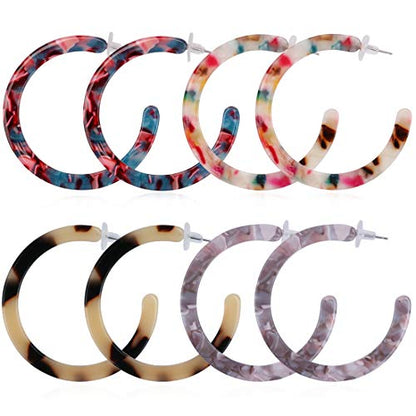 Casoty 4 Pairs Acrylic Hoops Earrings for Women, Resin Tortoise Shell Resin Hoop Earrings Fashion Statement Earrings Gifts for Women