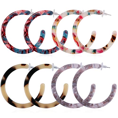 Casoty 4 Pairs Acrylic Hoops Earrings for Women, Resin Tortoise Shell Resin Hoop Earrings Fashion Statement Earrings Gifts for Women
