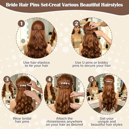 700 PCS Bride Hair Styling Kit, Hair Pins Set for Women Girls w/Storage Box | 100 U-Pins, 100 Bobby Pins Brown, 200 Hair Elastics, 40 Bridal Hair Pins Crystal Flowers, 1 Reinstone Sticker(6mm, 260pieces)