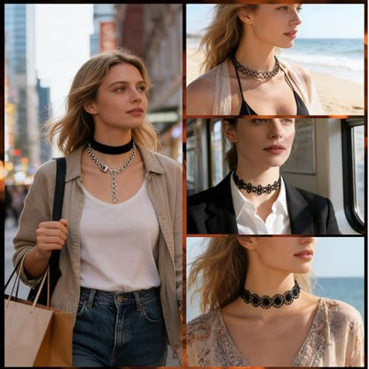 10Pcs Black Choker Necklace for Women, Adjustable Lace Necklace Set, Gothic Punk Style Collar Necklace Fashion Accessories,Multi-Layered Women's Pendants for Valentine's Day Gift