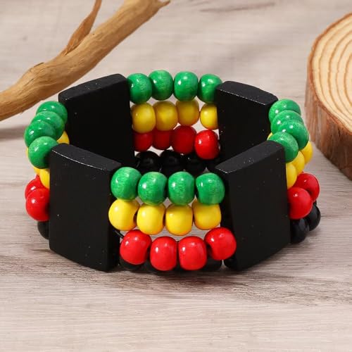 Black History Month Stretch Bracelet, Multilayer Stacked African Wooden Beaded Bangle Bracelet, Red Yellow Green Black Juneteenth, Bohemian Jewelry for Women