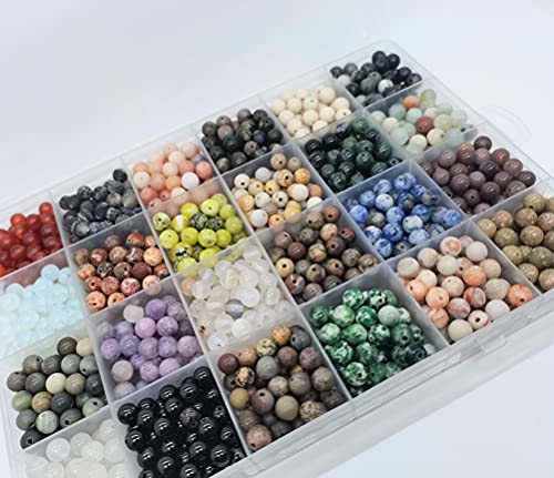 1200pcs 6mm Natural Round Stone Beads - Gemstone Loose Beads Hole Size 1mm for Bracelet Necklace Earrings Jewelry Making, Box Packed (24 Material-2, 6mm) - color: 24 material -2,6mm, size: 6mm