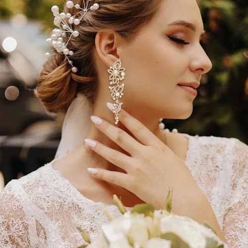 Crysdue Simulated Pearl Earrings for Women, Dainty Silver/Gold/Rose Gold Plated Cubic Zirconia Drop Dangle Earrings Wedding Jewelry for Bride Bridesmaid - style: F_Crystal+pearl, gold