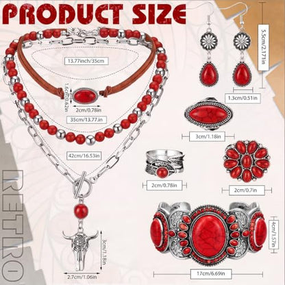 Ecally Bohemian Western Jewelry Turquoise Set Women Country Pendant Long Choker Layered Bracelets Earrings Ring for Women - color: Red, style: Shiny