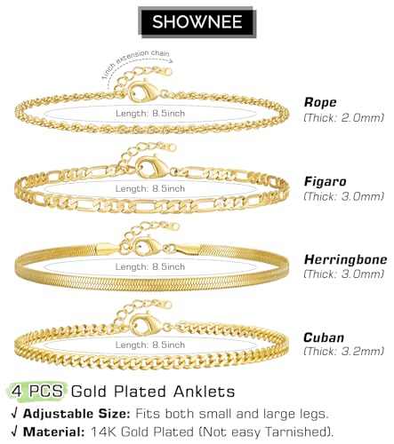 Gold Ankle Bracelets for Women 14K Gold Plated Waterproof Figaro Cuban Link Chain Anklets Set Adjustable Stackable Layered Dainty Ankle for Women Jewelry Graduation Gift for Her Mothers Day Gifts for Mom 4pcs 8.5"+1"
