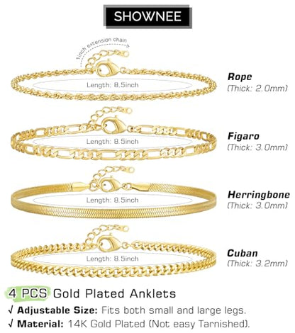 Gold Ankle Bracelets for Women 14K Gold Plated Waterproof Figaro Cuban Link Chain Anklets Set Adjustable Stackable Layered Dainty Ankle for Women Jewelry Graduation Gift for Her Mothers Day Gifts for Mom 4pcs 8.5"+1"