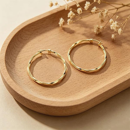 14K Gold Twisted Hoop Earrings, Lightweight Fashion For Women | Hypoallergenic And Skin-friendly, Long-lasting Shine, A Blend Of Individuality And Style, Suitable For Everyday Wear - size: 45mm