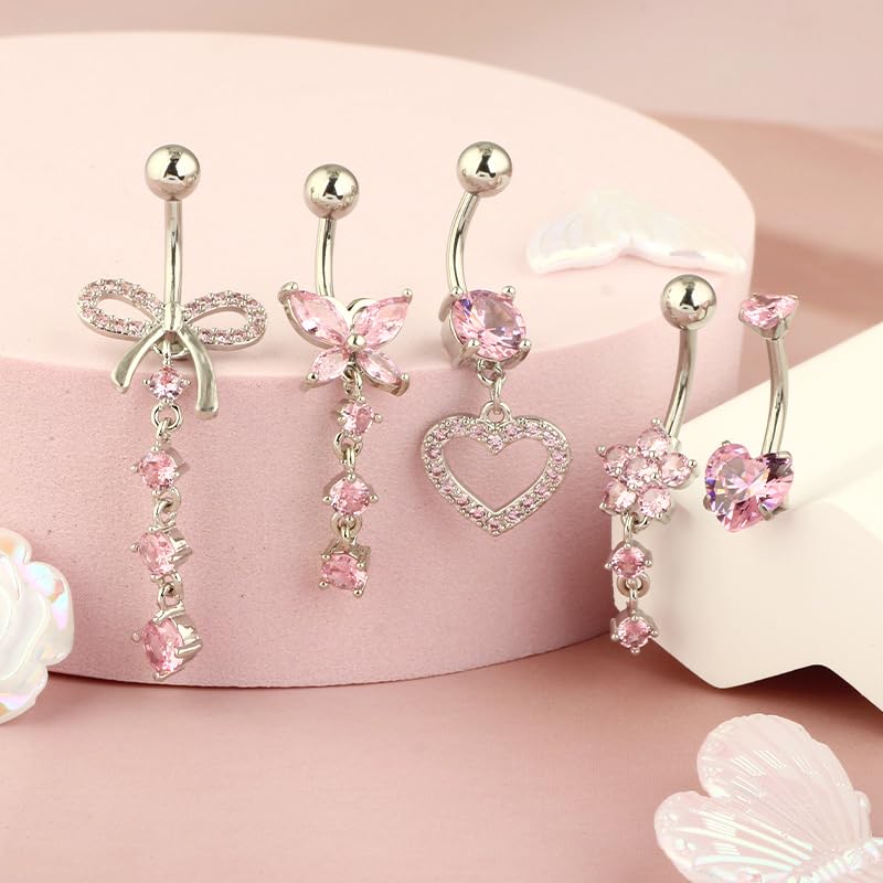 5PCS Crystal Belly Button Ring for Women Dangle Navel Belly Piercing Jewelry Cute Bow Butterfly Heart Angel wings Navel Belly Rings 14G Silver Surgical Steel Belly Button Stud - color: Pink-5pcs