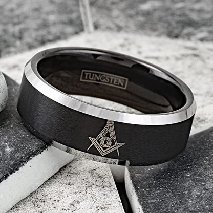 Personalized Engraved 8mm Brushed Satin Finish Black Tungsten Carbide Band Ring with Masonic Freemason's Logo & Polished Silver Beveled Edges.