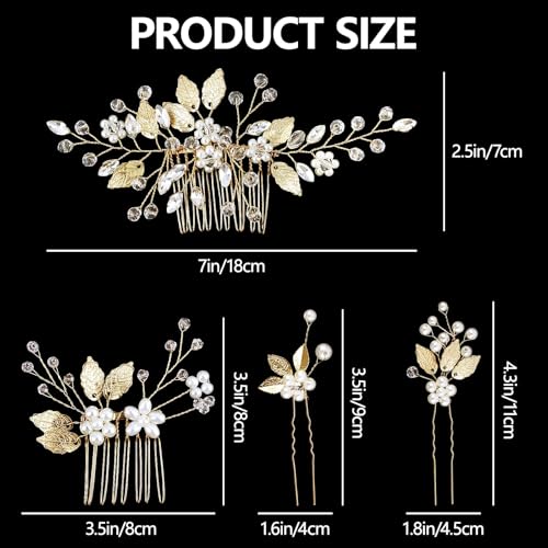 4 Pcs Bridal Gold Leaf Hair Pins, Wedding Hair Comb Accessories with Rhinestone Pearl Bridal Headpiece Jewelry for Brides Bridesmaids Women Girls Updo (Gold Leaf) - color: Gold-Leaf
