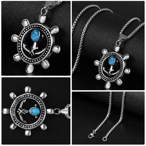 Stainless Steel Gothic Y2K Punk Rock Emo Biker Pendant Necklace | Cosplay Vintage Viking Alt Edgy Fashion Charm Necklace Jewelry for Men Women Active Daily Wear - style: Turquoise Ship Rudder Anchor