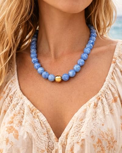 Chunky Beaded Necklace for Women Boho Statement Bead Necklace | Adjustable, Lightweight Choker, Round/Oval/Pebble Beads, Trendy Summer Beach Jewelry - color: Light Blue-C
