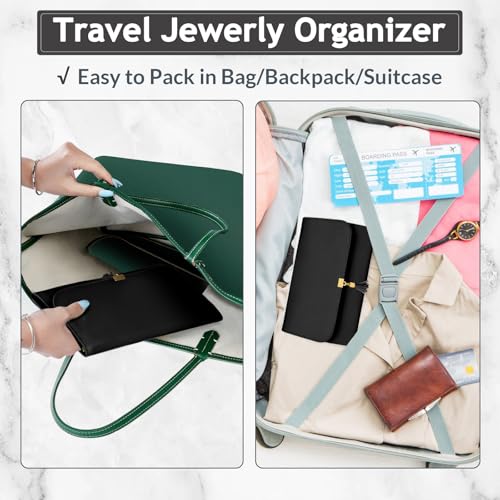 MATEIN Black Travel Jewelry Organizer, Vegan Leather Big Jewelry Rolls | Tangle-Free Necklace Holder, Clear Pockets, for Travel Daily Jewels Earrings Rings Bracelets, Elegant Gifts for Women - color: Black