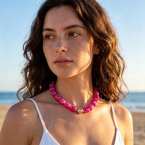 Beaded Necklaces for Women Boho Chunky Necklace Statement Big Resin Bead Choker Fashion Summer Beach Jewelry - color: Rose Red