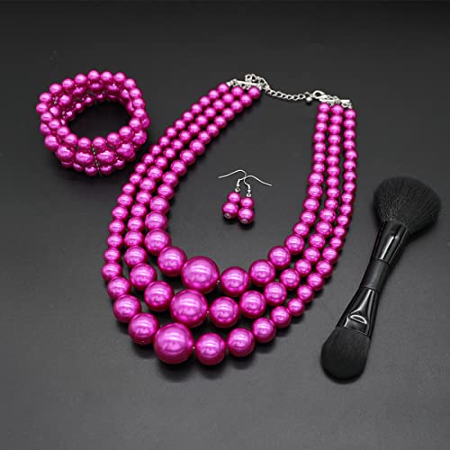 Big Chunky Pearl Necklace and Earrings Set Large Costume 1920s Faux Pearls Gatsby Accessories - color: A-Fuchsia
