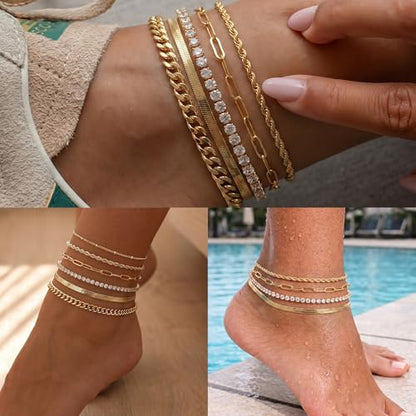 Dainty Ankle Bracelets for Women Waterproof | Layered Gold Plated Tennis Cuban Snake Rope Paperclip Beaded Link Chains Set, Summer Beach Jewelry Gift - color: Gold Anklet A