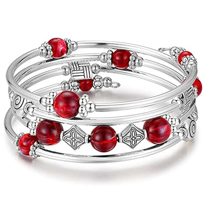Beaded Pearl Bangle Wrap Bracelet - Fashion Bohemian Jewelry Multilayer Charm Bracelet with Thick Silver Metal Beads, Gift For Women - color: Dark Red