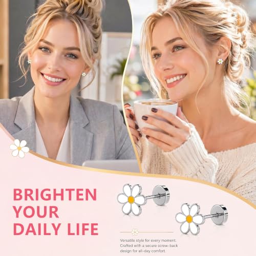 Hypoallergenic Daisy Studs Earrings for Women,18K Gold Plated Surgical Stainless Steel Flat Back Flower Earrings for Sensitive Ears,20G Post Screw Back Cartilage Helix Piercing Jewelry - color: Silver