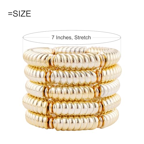 LALAPPLE Gold Plated Beaded Acrylic Bamboo Tube Bangle Bracelets for Women, Colorful Chunky Curved Tube With Gold Plated Pieces Beads Stretch Bracelet Friendship Summer Beach Jewelry - color: B-gold 5pcs(Chunky set)