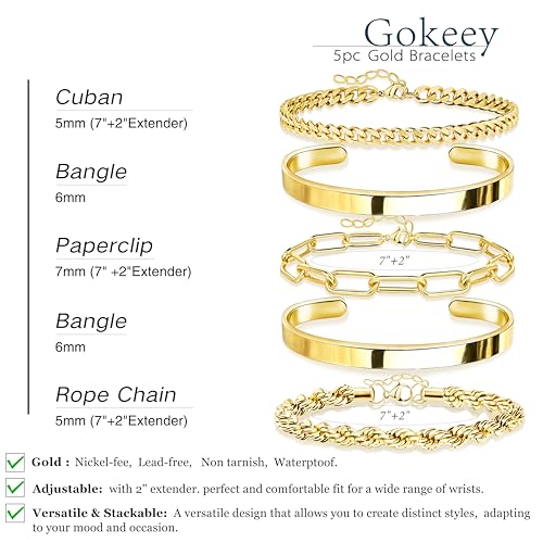 Gokeey Gold Bracelets Set for Women Non Tarnish, Waterproof 14K Gold Plated Sterling Silver Chunky Cuff Bracelet Stackable Gold Bangles Bracelet for Women Trendy Fashion Accessories Tie Knot Cuban Rope Paperclip Beaded Bracelet Stack Jewelry Mothers Day G