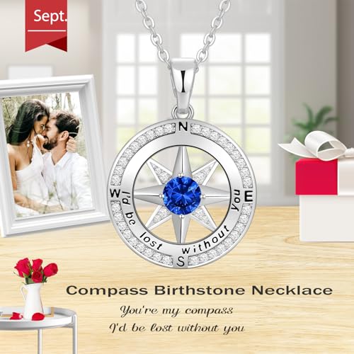Peeshow Compass Birthstone Necklace for Women Wife, S925 Sterling Silver Gift for Wife Wedding Anniversary Birthday Gifts for Women Jewelry for Her Girlfriend I'd be Lost without You - style: 09-Sept-Sapphire