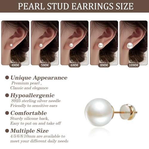4 Pairs Pearl Stud Earrings Sterling Silver Earring Set | 14K Plated Gold Hypoallergenic Earring stud Large size Round pearl 8mm-14mm Set Earrings for women - style: Round-5 Pairs