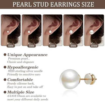 4 Pairs Pearl Stud Earrings Sterling Silver Earring Set | 14K Plated Gold Hypoallergenic Earring stud Large size Round pearl 8mm-14mm Set Earrings for women - style: Round-5 Pairs