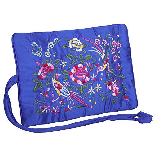 TUMBEELLUWA Embroidery Travel Jewelry Bag Roll Embroidered Flower and Bird Brocade Organizer with Tie Close - color: #6 Blue