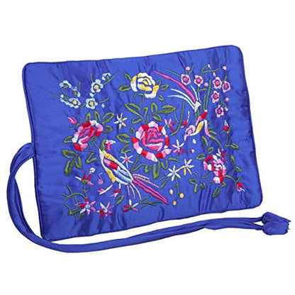 TUMBEELLUWA Embroidery Travel Jewelry Bag Roll Embroidered Flower and Bird Brocade Organizer with Tie Close - color: #6 Blue
