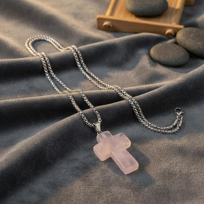 Justinstones 32mm Gemstone Carved Cross Reiki Chakra Pendant With Stainless Steel Necklace 22 Inch - color: Rose Quartz