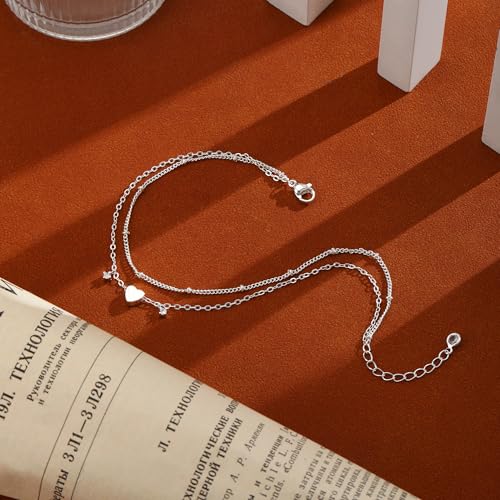 Ankle Bracelets for Women 14K Gold/Silver Plated Cross Heart Bead Anklet Waterproof Adjustable Chain Non Tarnish Cute Boho Trendy Dainty Summer Beach Foot Jewelry Gift for Her - style: 2 Layered Bead&Heart-SL